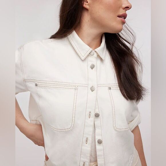 Madewell NWT Denim Long-Sleeve Crop Shirt Size Small in Tile White - Picture 1 of 12